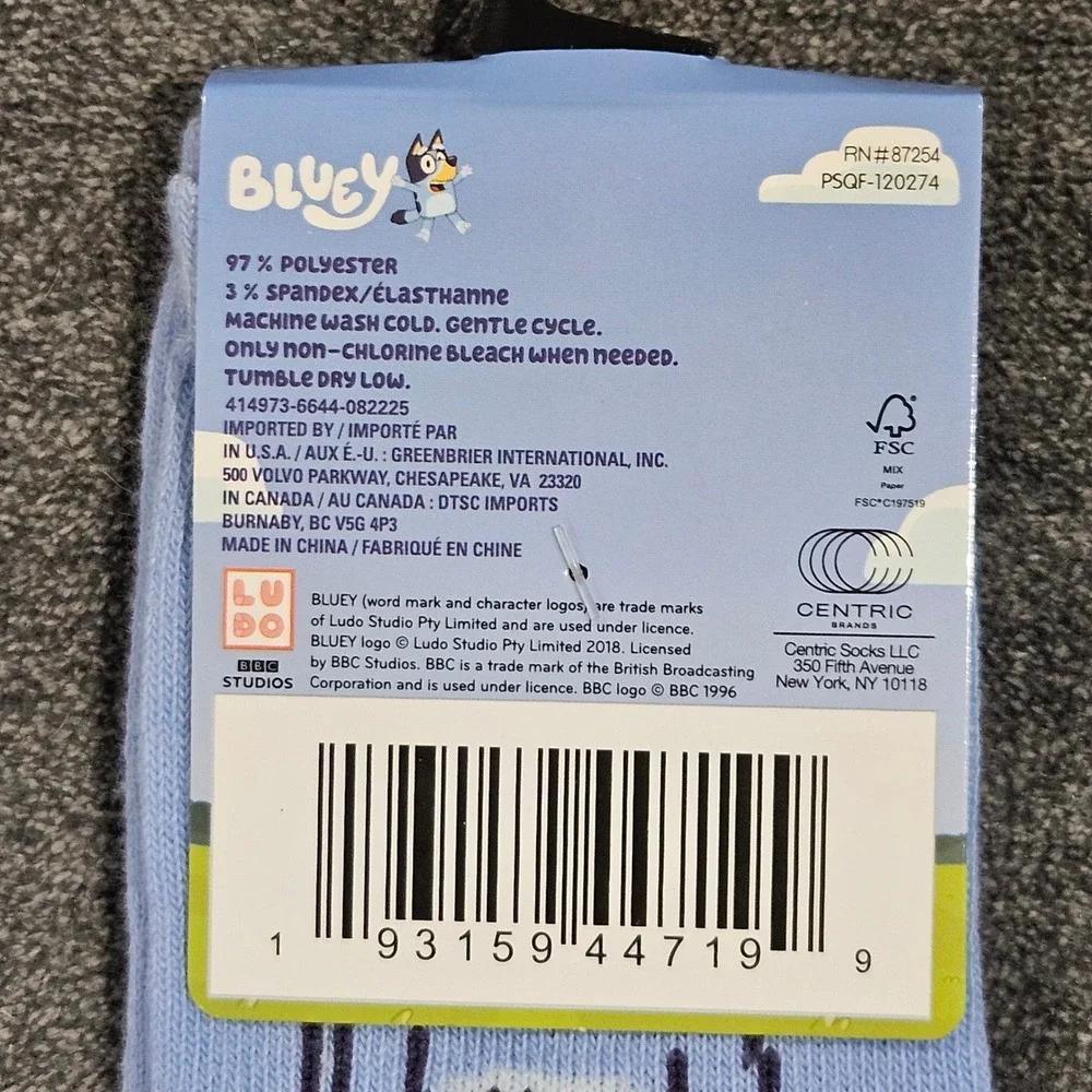 Bluey Kids Socks Child Size 10-4 Character Print‎ Crew Socks Blue
